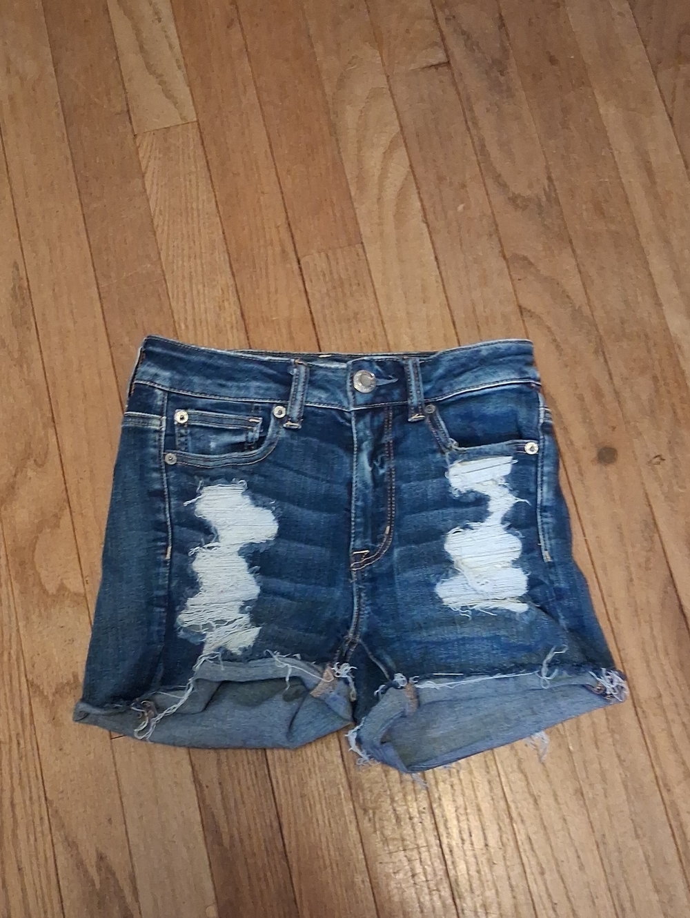 american eagle hi-rise shortie jean shorts womens 2 distressed nice!